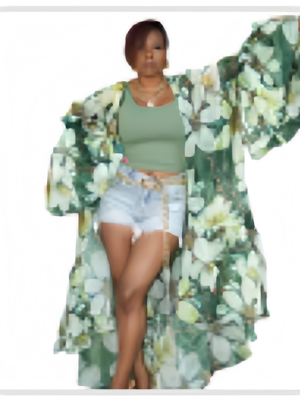 Floral Green Long Kimono Blazer